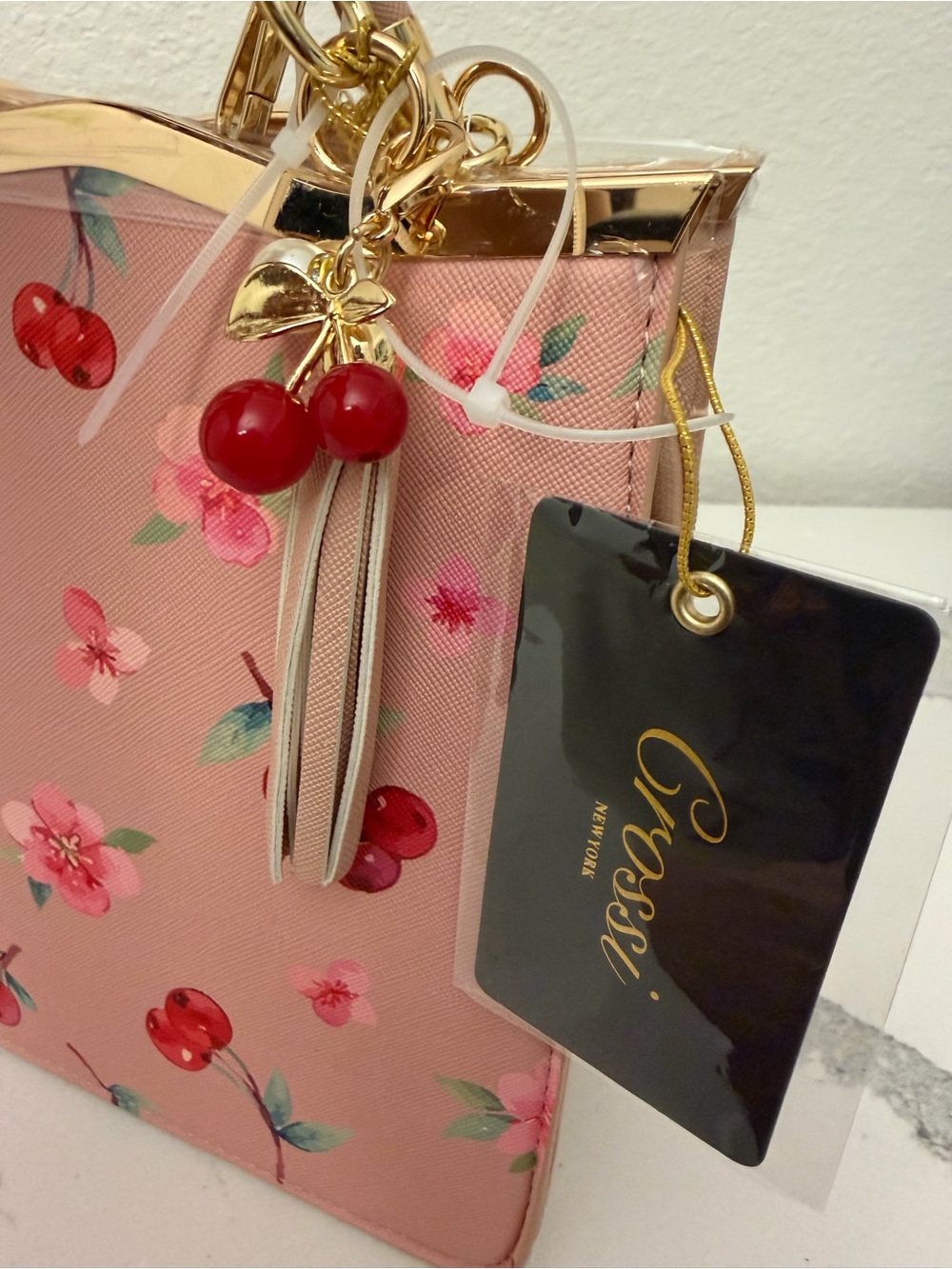 Red Cherry Print Top-Handle Satchel With CrossBod Strap - Picture 3 of 6